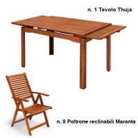 Set pranzo da giardino in legno con tavolo THUJA 200/330 + 8 poltrone reclinabili MARANTA