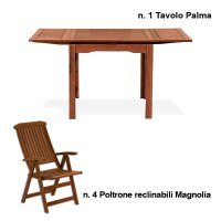 Set pranzo da giardino in legno con tavolo PALMA + 4 poltrone reclinabili MAGNOLIA