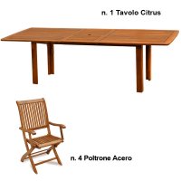 Set pranzo da giardino in legno con tavolo CITRUS + 4 poltrone ACERO