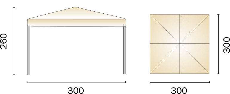 Dimensioni Gazebo pieghevole in alluminio quadrato PORTA 3x3 m