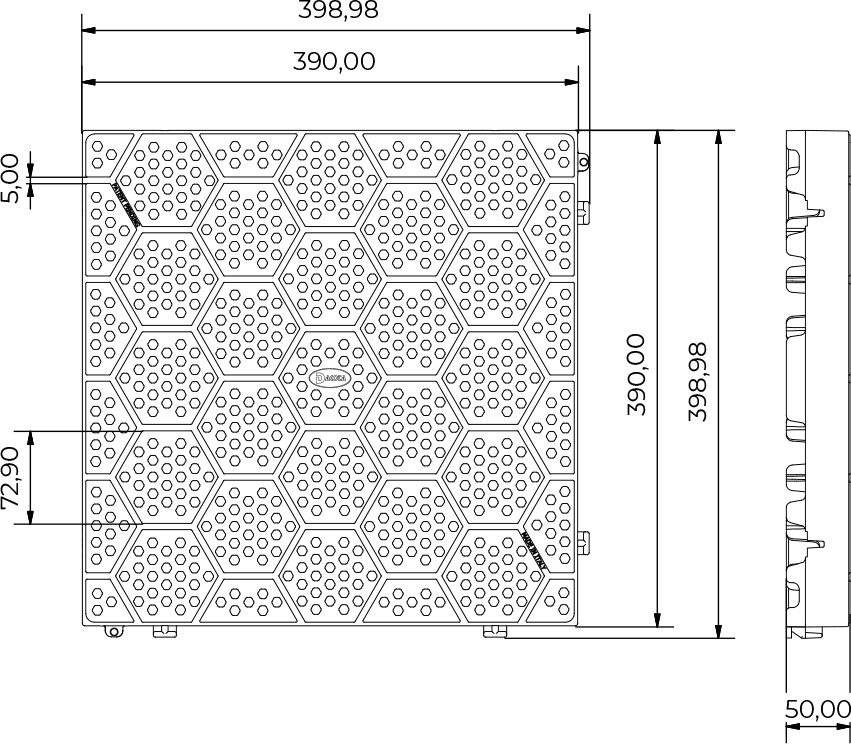 Dimensioni Mattonella in PVC forata con motivo esagonale - 40 x 40 cm