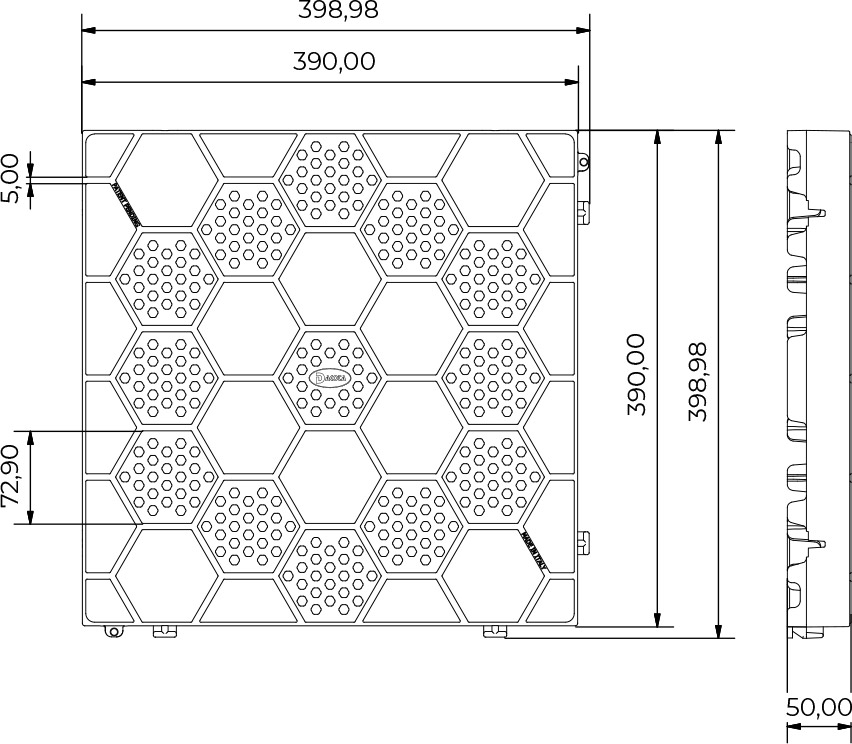 Dimensioni Mattonella in PVC semiforata con motivo esagonale - 40 x 40 cm